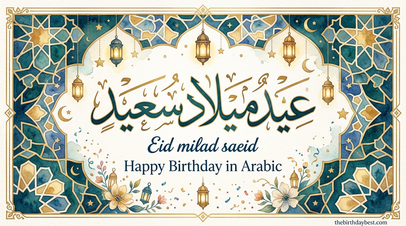 عيد ميلاد سعيد — Happy Birthday in Arabic — illustrated postcard with Islamic geometric pattern watercolour