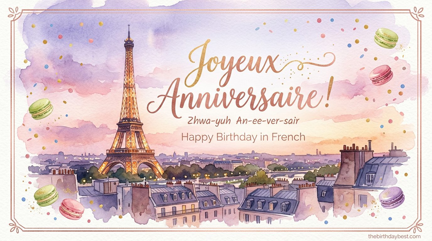 Joyeux Anniversaire — Happy Birthday in French — illustrated postcard with Parisian watercolour scene