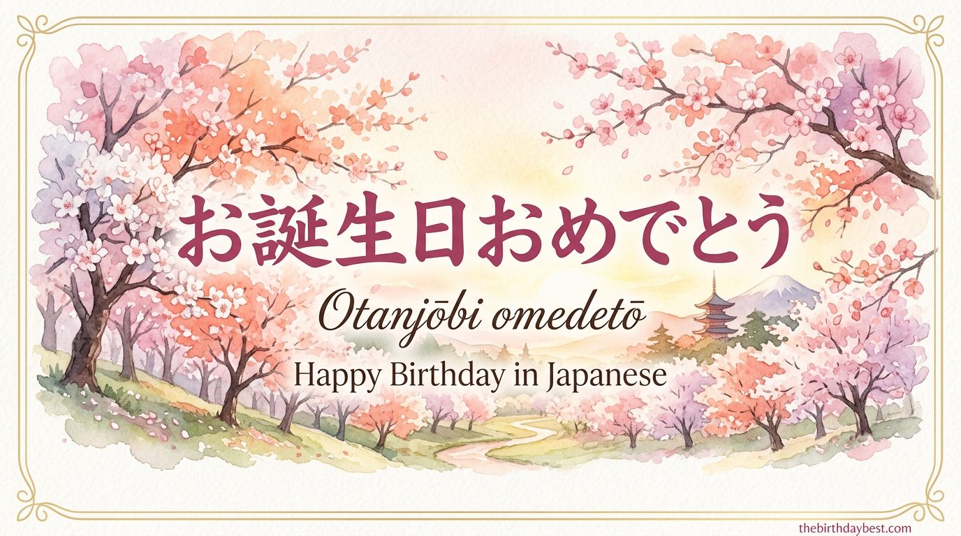 お誕生日おめでとう — Happy Birthday in Japanese — illustrated postcard with cherry blossom watercolour scene