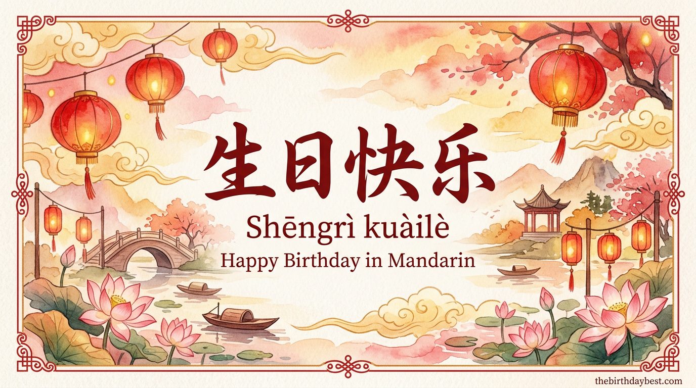 生日快乐 — Happy Birthday in Mandarin Chinese — illustrated postcard with red lanterns and lotus watercolour