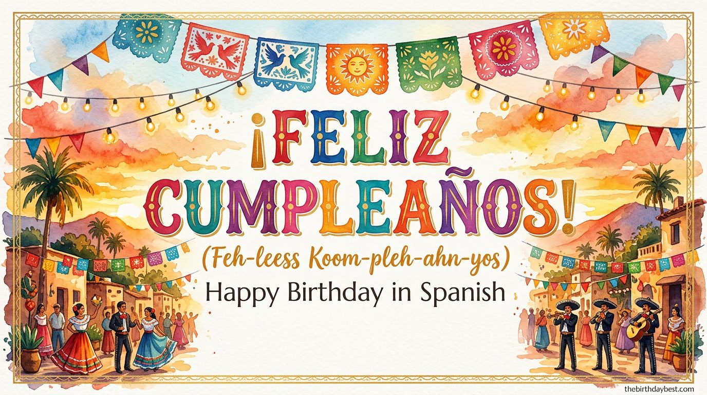 ¡Feliz Cumpleaños! — Happy Birthday in Spanish — illustrated postcard with fiesta watercolour background