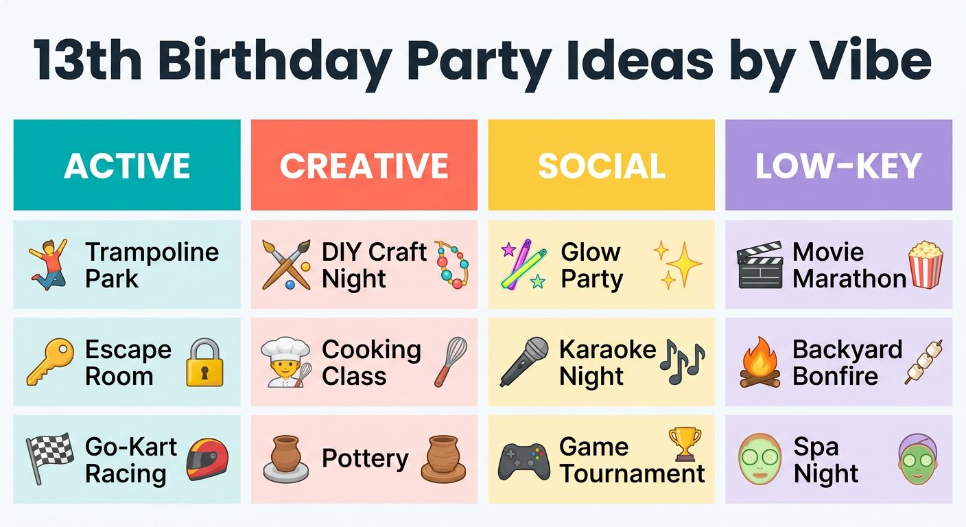 13th birthday party ideas by vibe: Active (trampoline park, escape room, go-kart racing), Creative (DIY craft night, cooking class, pottery), Social (glow party, karaoke night, game tournament), Low-Key (movie marathon, backyard bonfire, spa night)