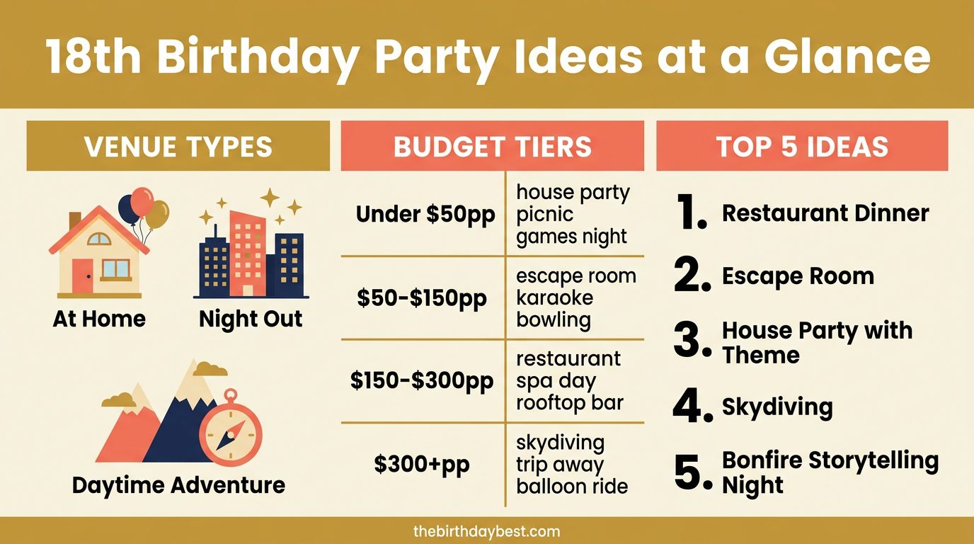 18th birthday party ideas at a glance: venue types, budget tiers and top 5 ideas infographic