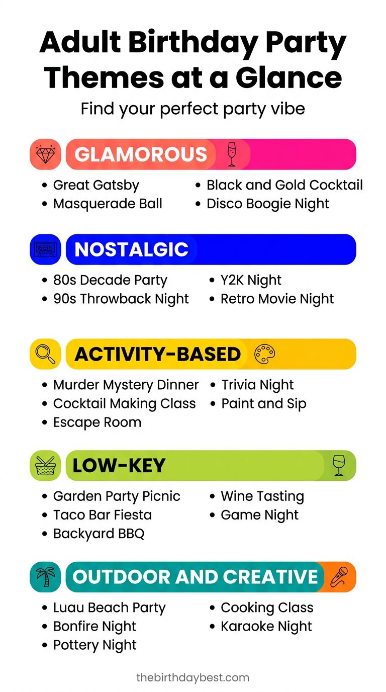 Adult birthday party themes at a glance infographic, organised by vibe: Glamorous, Nostalgic, Activity-Based, Low-Key, and Outdoor and Creative with 30 theme examples