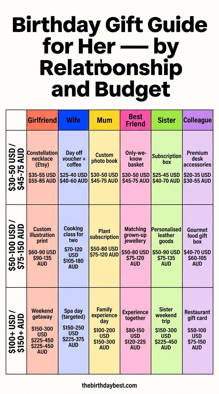 Birthday Gift Guide for Her, comparison matrix showing best gift picks by relationship type (Girlfriend, Wife, Mum, Best Friend, Sister, Colleague) and budget tier ($30-50, $50-100, $100+) in USD and AUD