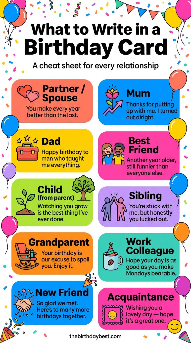 Birthday message cheat sheet showing one example message for each relationship type: partner, parent, child, best friend, colleague, and new friend