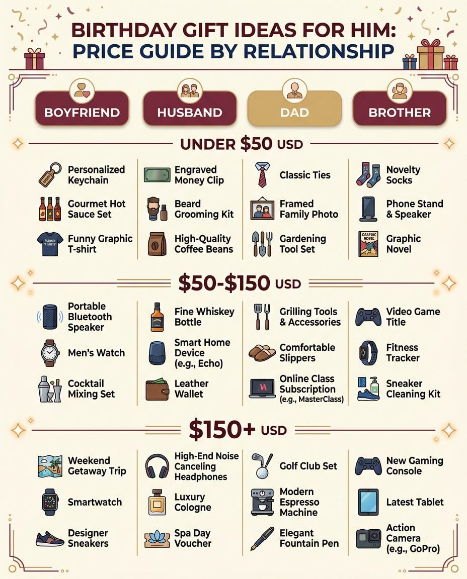 Birthday gift ideas for him infographic showing price tiers for boyfriend, husband, dad and brother
