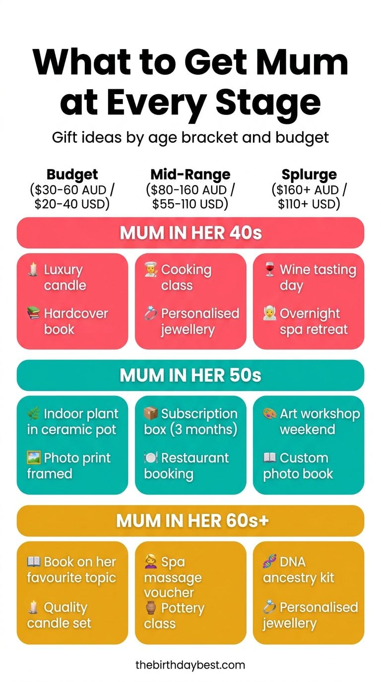 Birthday gift guide for mum by age bracket and budget: infographic showing gift ideas for mums in their 40s, 50s, and 60s across three price tiers