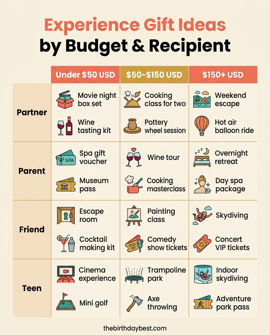 Experience gift ideas by budget and recipient infographic showing price tiers for partner, parent, friend and teen