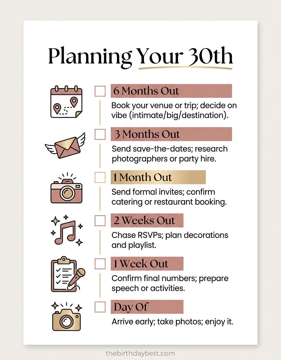 Planning Your 30th Birthday checklist infographic with modern minimal design showing month-by-month party planning timeline