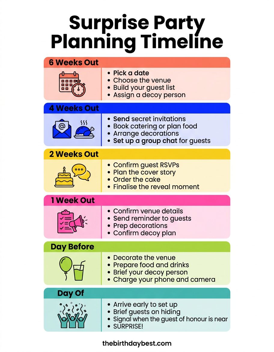 Surprise party planning timeline infographic showing 6-week countdown checklist from venue booking to the big reveal day